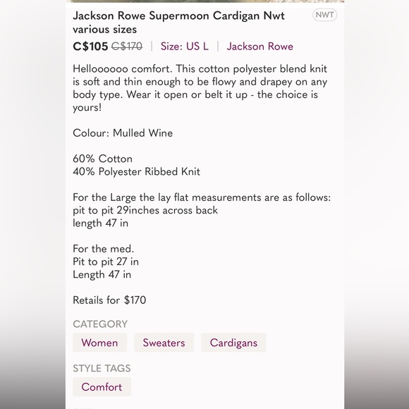 Burgundy!🌺 NWT L Jackson Rowe Supermoon longline open cardigan duster cotton mix - Picture 11 of 11